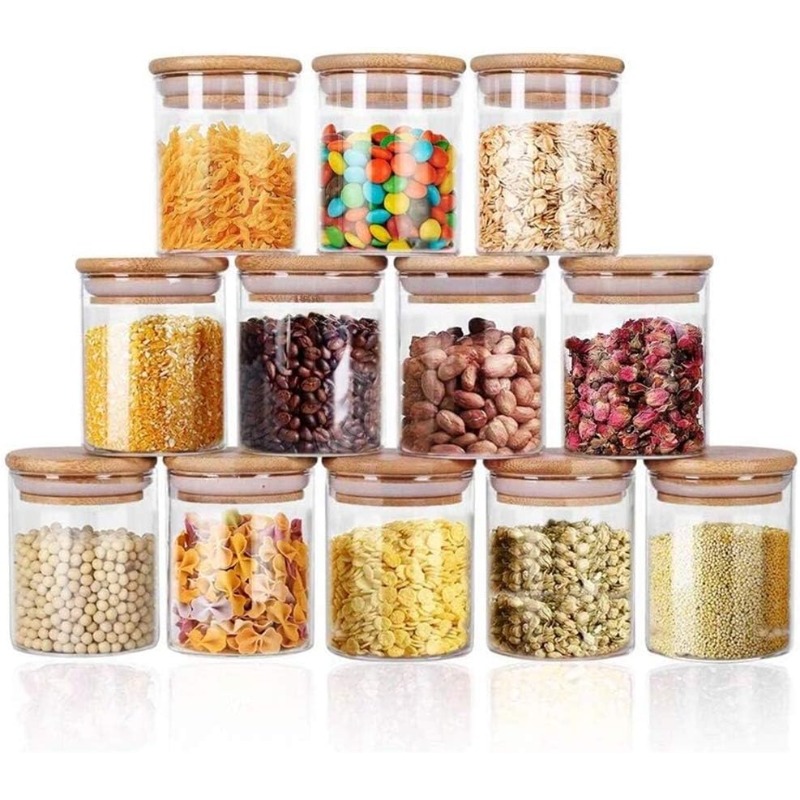 12 Glass Jars Set with Bamboo  - Food Storage Jar Labels 评论和价格